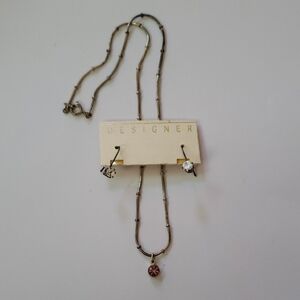 Designer Silver Necklace Pink Crystal Pendant and White Crystal Drop Earrings